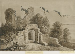 Dudley Castle - The Gateway: rød-sepia vasketegning, 8. juni 1843 av Allen Edward Everitt
