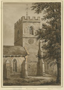 Harborne Church: rød sepia-tegning, 2. juli 1842 av Allen Edward Everitt