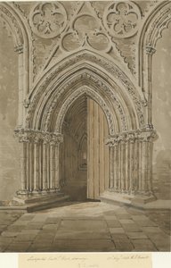 Lichfield Cathedral - West Doorway: rød/brun sepia-tegning, 27. august 1842 av Allen Edward Everitt