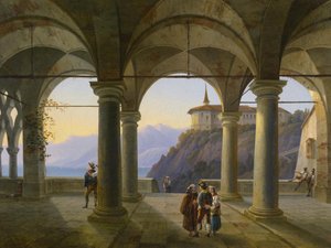 Søyleterrasse med figurantal og utsikt over et fjellvann av Alois Gustav Schulz