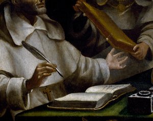 Hendene til St. Albert mens han skriver, detalj av St. Paul som dukker opp for St. Albert den store og St. Thomas av Aquinas, maleri av Alonso Antonio Villamor (1661-1729), detalj