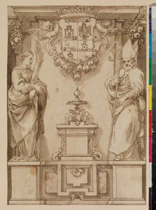 Design for en tittelside med to helgener på sokkel og et tenkt spansk våpenskjold, 1600-tallet av Alonso Cano