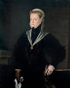 Portrett av erkehertuginne Joanna av Østerrike (1535-1573), prinsesse av Portugal - Maleri av Alonso Sanchez Coello (1531-1588), olje på lerret, ca. 1557 (116x93,5 cm) - Portrett av erkehertuginne Joanna av Østerrike (15735-1535) ), prinsesse av Portugal,  av Alonso Sánchez Coello