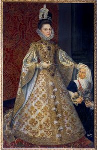 Portrett til fots av Spanias spedbarn Isabelle Clara Eugenie av Habsburg, suveren over Nederland og Magdalena Ruiz Maleri av Alonso Sanchez Coello (1531-1588) Søn. 1,29 X 2,07 m. 1585. Madrid. Musee du Prado - Portrett av spedbarnet i full lengde av Alonso Sánchez Coello
