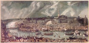 Utsikt over byen Sevilla (Spania) Maleri tilskrevet Alonso Sanchez-Coello (Sanchez Coello) (ca. 1531-1588) Slutten av 1500-tallet