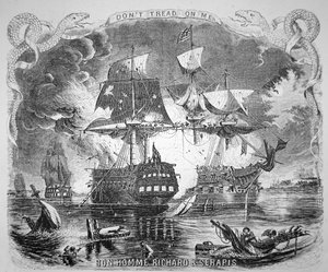 John Paul Jones, kommanderende Bonhomme Richard, beseirer HMS Serapis 23. september 1779 (litho)