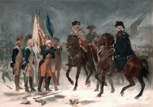 Overgivelse av oberst Rall i slaget ved Trenton, 26. desember 1776, 1858 (olje på papp)