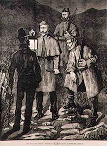 The State of Ireland: Police Patrol utfordrer en mistenkt person, fra The Illustrated London News, 8. juni 1881 av Aloysius C. OKelly