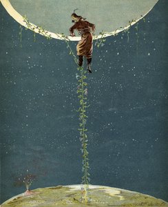 Baron Munchausen klatrer opp til månen ved hjelp av en kalkbønneplante, fra 