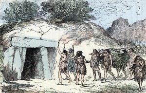 Forhistorie, neolitikum; seremoni funebre (Forhistorie, neolitikk: begravelsesseremoni) Gravering fra "" Nature and Man"" av Renegade 1881 Privat samling
