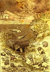 Forhistorie-Slutten av den siluriske perioden: Naturlig skapelse og levende vesener (J. Rengade) Tegning A. Demarle. 1885