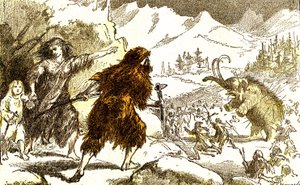 Forhistorie-mammutjakt. Isperiode: Naturlig skapelse og levende vesener. Tegning av A. Demarle. 1885