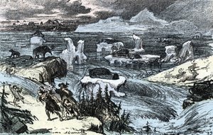 Forhistorie; flom i Sentral-Europa på slutten av istiden Gravering fra "" Nature and Man" av Rengade 1881 Privat samling