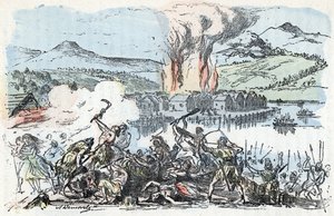 Forhistorie: krigssted ved begynnelsen av jernalderen, brann i bosetningene på pålhuset (pålhuset) Gravering fra "" La nature et l
