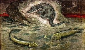 Overgang fra fisk til reptiler: Proteosaur (øverst) reptil fra fisk, periode med kull. Holoptychius nederst til venstre, og L'Osteolepis til høyre. 1885. Naturlig skapelse og levende vesener. Tegning A. Demarle