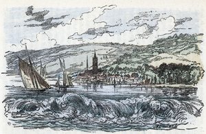 Utsikt over tidevannsboringen av Seinen ved Caudebec-en-Caux (Caudebec en Caux) i Seine Maritime, Normandie (tidevannsboringen av Seinen ved Caudebec en Caux, Normandie) Gravering fra "" La nature et l