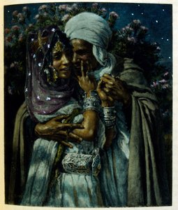 Illustrasjon av Dinet fra «Mirages» Scener fra arabisk liv. 1906. Mirages, Scenes De La Vie Arab ble illustrert av Etienne Dinet med kommentarer av Silman Ben Ibrahim Bamer. Nasreddine Dinet ble født som Alphonse-Etienne Dinet; (1861-1929) var fransk