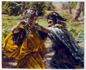 Illustrasjon av Dinet fra «Mirages» Scener fra arabisk liv. 1906. Mirages, Scenes De La Vie Arab ble illustrert av Etienne Dinet med kommentarer av Silman Ben Ibrahim Bamer. Nasreddine Dinet ble født som Alphonse-Etienne Dinet; (1861-1929) var fransk