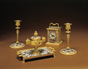 Napoleon III firedelt skrivebordssett, intarsia av Duvinage og Harinckouk, ca. 1877
