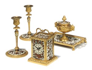 Napoleon III firedelt skrivebordssett, intarsia av Duvinage og Harinckouk, ca. 1877