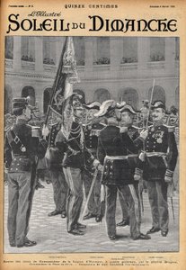 Presentasjon av kommandantkorsene av Æreslegionen til fire generaler (Gosse Dubois, general Colonna, general Toulza, general Dalstein) av general Brugere. Gravering av Lalauze for en av "Le Soleil-du-Dimanche" i februar 1900.
