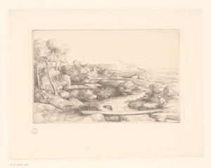 Landskap med planke over en elv la passerelle av Alphonse Legros (attributed to)