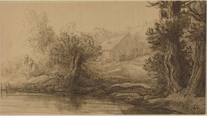 Elvebredden (penn og brunt blekk med brun vask på papp) av Alphonse Legros