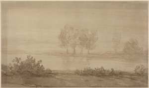 Landskap - fire trær på den andre siden av en elv av Alphonse Legros