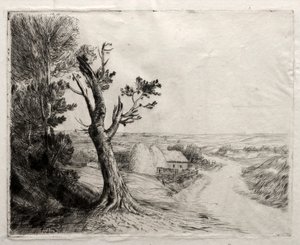 Landskap med stråstakker. av Alphonse Legros