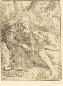 Mann og kone sitter ved veien med en kurv av Alphonse Legros