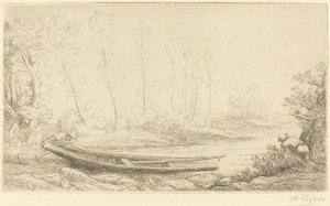 Mann med en punkt, figur til høyre Pecheurs des truites. av Alphonse Legros