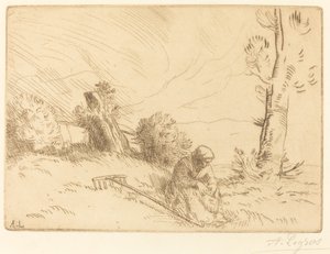 Bondekvinne som sitter nær en hekk av Alphonse Legros