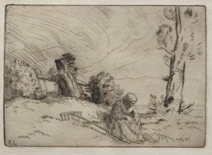 Bondekvinne som sitter nær en hekk. av Alphonse Legros