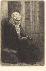 Kvinne sitter mot en vegg, barn med hodet i fanget Femme assis, muraille au fond.... av Alphonse Legros
