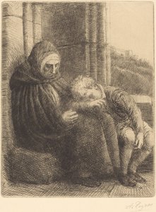 Kvinne sitter mot en vegg, barn med hodet i fanget Femme assise, muraille.... av Alphonse Legros