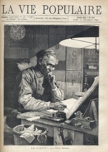 En konsentrert kopist arbeider på kontoret hans. Illustrasjon av Alfons Maria Mucha (Alphonse Marie Mucha av Alphonse Mucha
