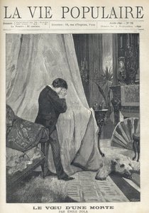 A man eplores, hiding his tears and his face in a handkerchief, standing behind the canopy of a bed, in a richly decoree bedroom, with bear skin, embroidered cushions, fan and various vases and candlesticks. Illustration by Alfons Maria Mucha (Alphonse Mar av Alphonse Mucha
