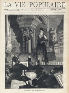En sanger på scenen møter orkesteret i gropen, musikerne og dirigenten i full fremføring. Illustrasjon av Alfons Maria Mucha (Alphonse Marie Mucha av Alphonse Mucha