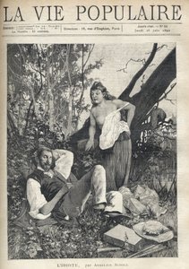 A young woman, decoiffee, denudee, apparent chest, leans with confidence and fun towards a painter lying, sleeping in the middle of nature, jacket, hat, material and pipe sparpilles on the floor. Illustration by Alfons Maria Mucha (Alphonse Marie Mucha av Alphonse Mucha