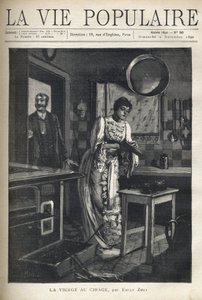 An elegant woman waxes a shoe in the kitchen of a house. A man opens the door behind her. Illustration by Alfons Maria Mucha (Alphonse Marie Mucha av Alphonse Mucha