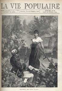 En gammel mann leser et brev til en vakker ung bonde som holder en falsk (reaper). Jegere ser på scenen i det fjerne. Illustrasjon av Alfons Maria Mucha (Alphonse Marie Mucha av Alphonse Mucha