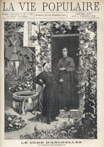 At the entrance of the presbytery, a treatment is directed to a younger person. The garden is very blossomed, equipped with a tank and a watering can, at the bottom you can see the bell tower of the village. Illustration by Alfons Maria Mucha (Alphonse Mar av Alphonse Mucha