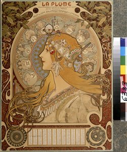 Kalender ""La Plume"", illustrert halvmånedlig magasin fra Salon des Cent. Kunstnerisk og litterært bibliotek. Kunstverk av Alfons Maria Mucha (Alphonse Marie Mucha av Alphonse Marie Mucha