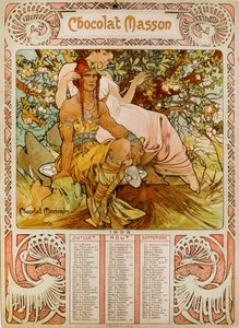 Chocolate Masson-kalender illustrert av Mucha (1860 – 1939). en tsjekkisk jugendmaler av Alphonse Mucha