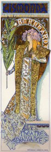 Underholdning. Gismonda, skuespill av Victorien Sardou med Sarah Bernhardt ved Theatre de la Renaissance, Paris. Plakat av Mucha, Frankrike
