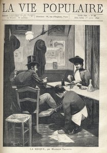 På en restaurant er en mann og en kvinne atskilt og spiser middag. Tjenestegutten huker seg nær mannen og installerer en varm murstein under føttene hans. Illustrasjon av Alfons Maria Mucha (Alphonse Marie Mucha av Alphonse Mucha