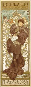 Lorenzaccio, som skildrer den stående figuren til Sarah Bernhardt i rollen, 1896 av Alphonse Mucha