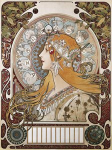 MUCHA, Alphonse Maria (1860-1939). Zodiac. 1896. (67 x 48 cm). Plakat og kalender som reklamerer for magasinet "La Plume"" (Fjæren). Modernisme. Litografi