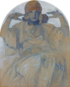 ""Portrett av kunstnerens datter Jaroslava Muchova (1909-1986)"" (Portrett av kunstnerens datter, Jaroslava) Maleri av Alphons Mucha (1860-1939) - ca. 1924 Dim 51x41 cm Privat samling av Alphonse Mucha