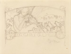 Studie av en kvinne som spiller fiolin, av Alphonse Mucha